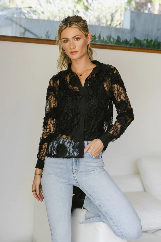 Button up sheer top in black 