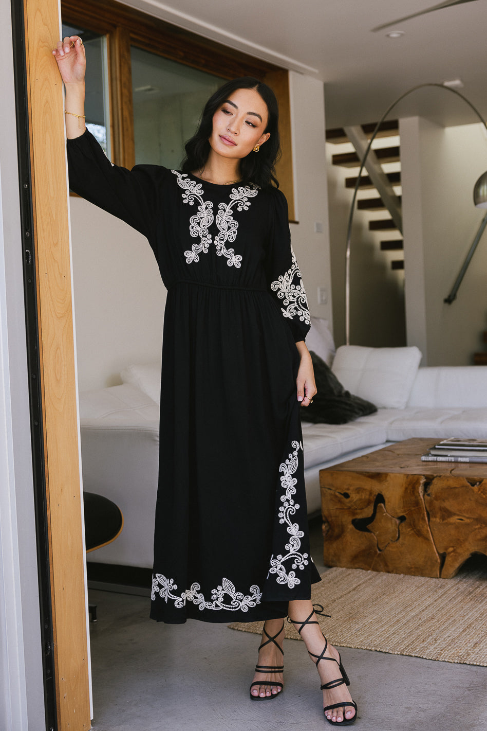 White and outlet black embroidered dress