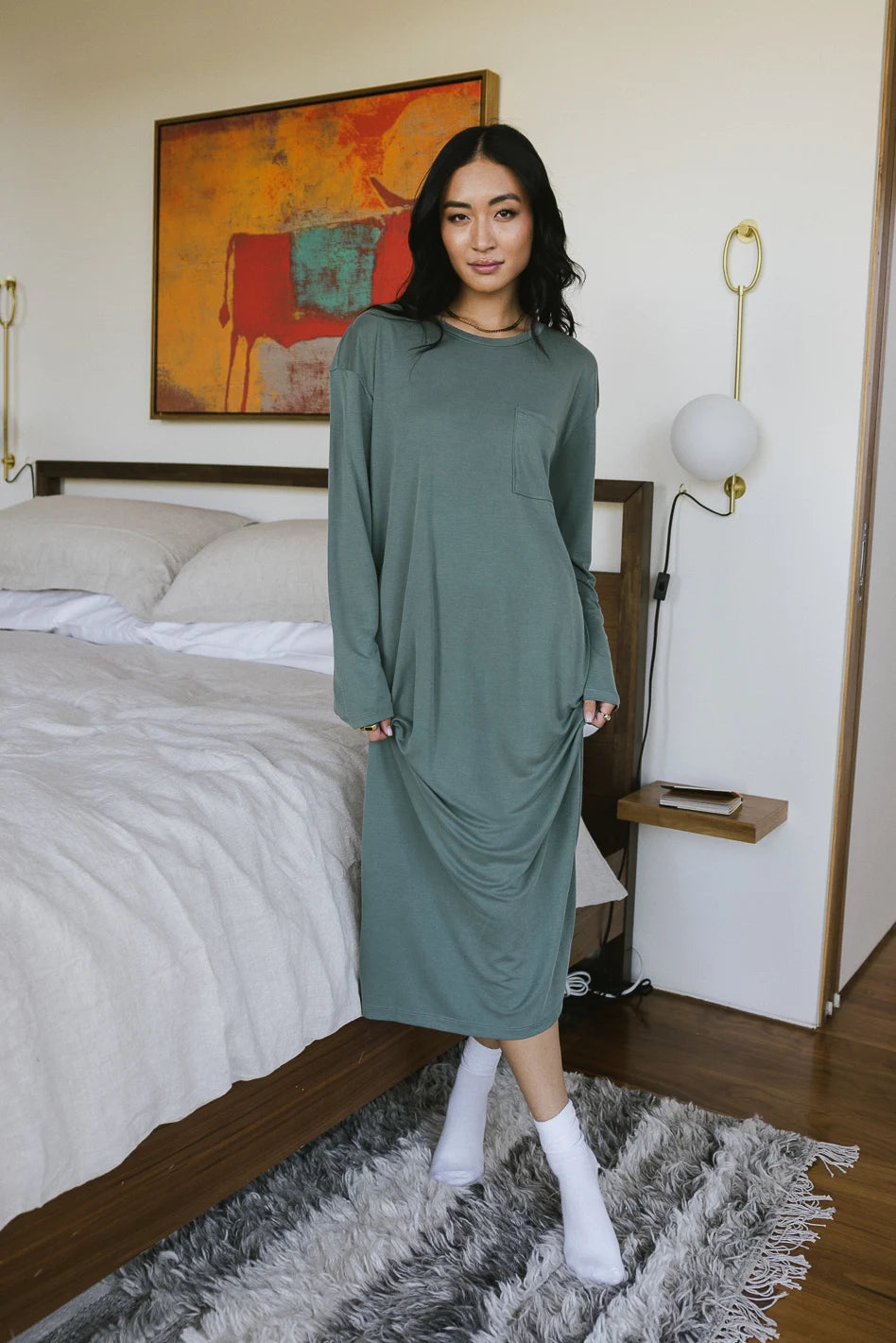 Long Sleeve T-Shirt Dress in Sage