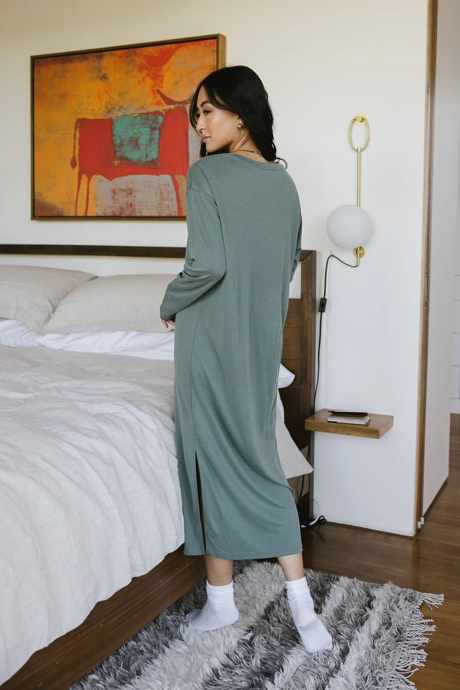 Long Sleeve T-Shirt Dress in Sage