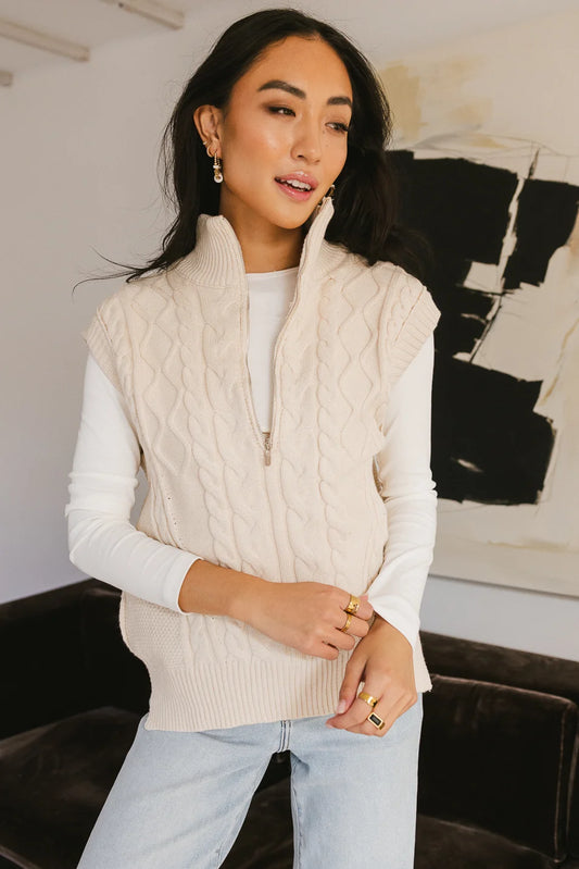 Knitted vest paired with a white long sleeves sweater 