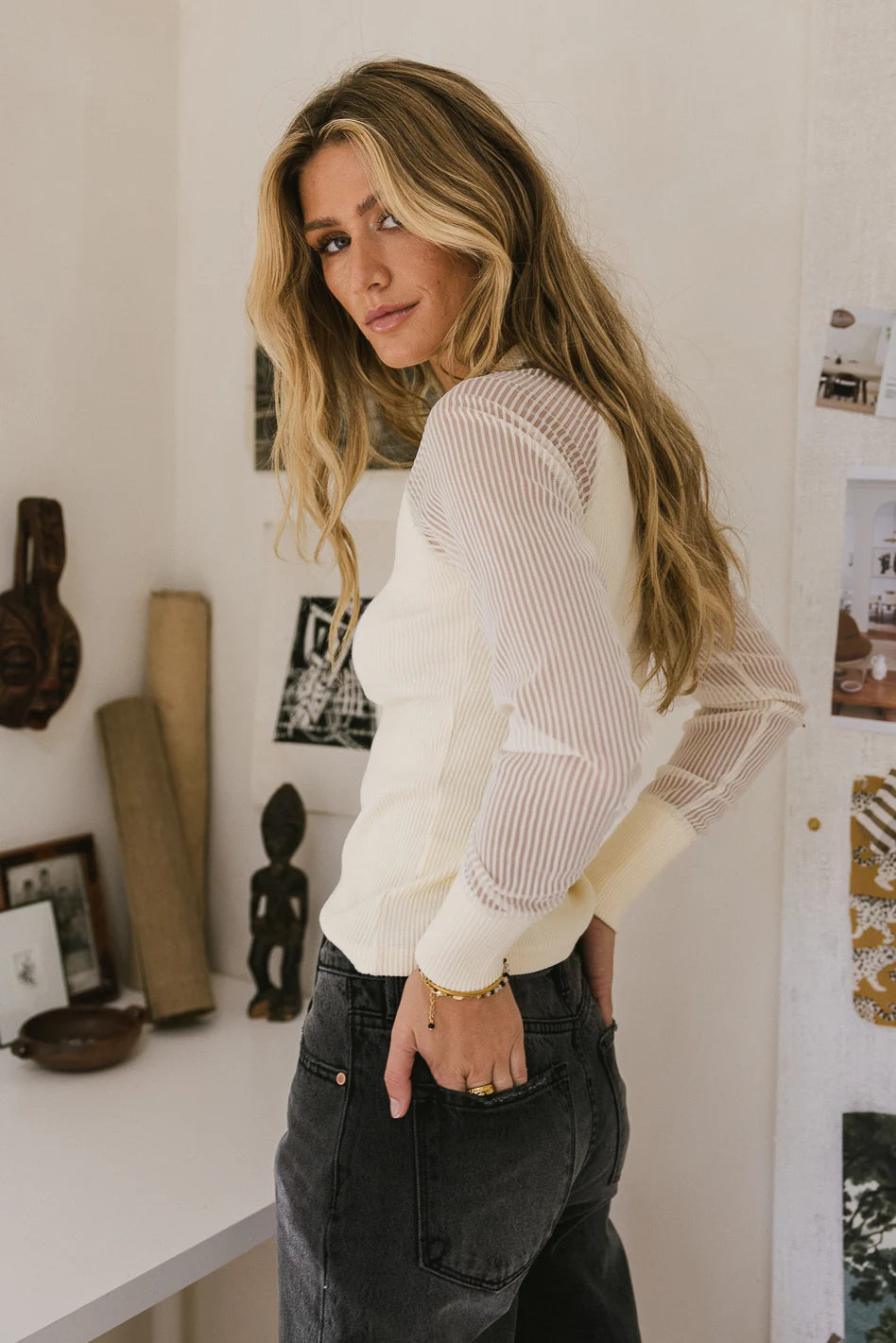 Rolled cuffs ribbed top in cream 