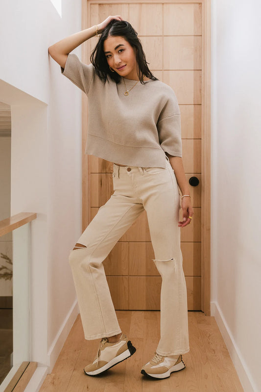 Sweater top in taupe paired with a cream pants 