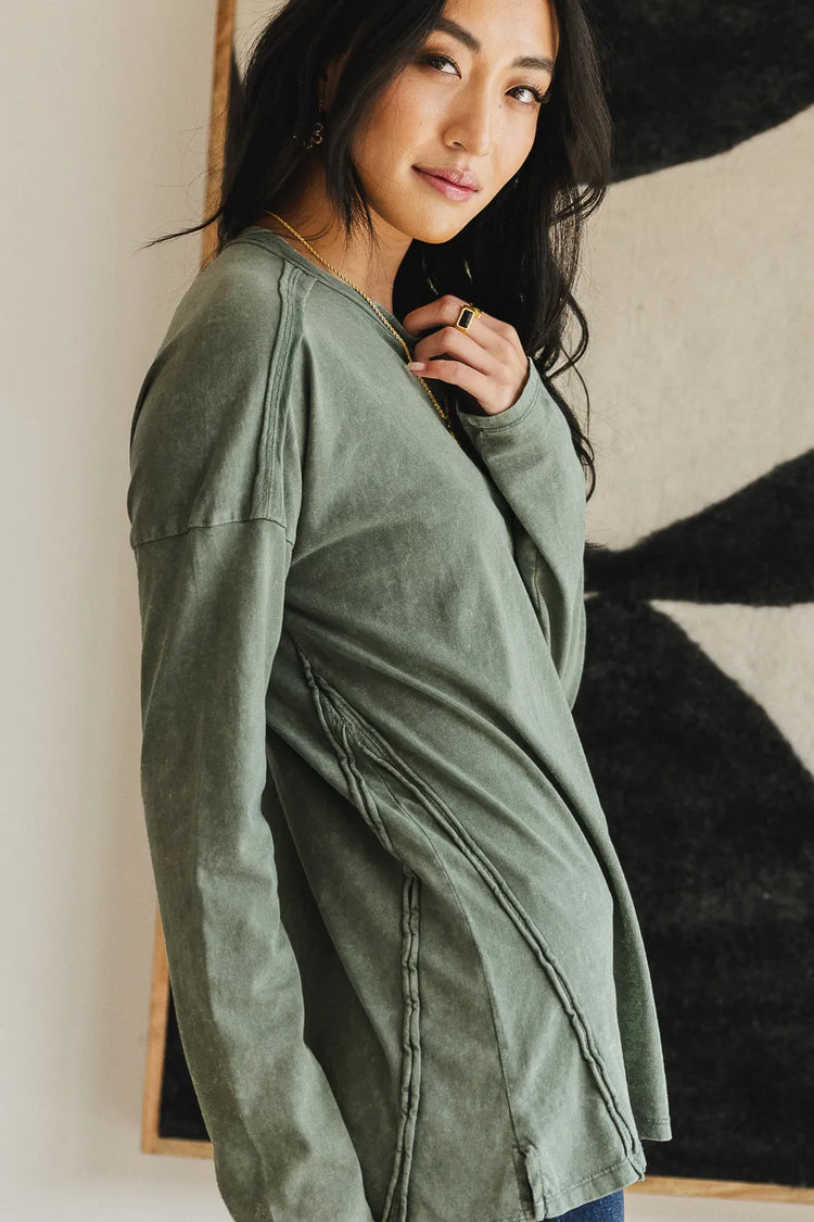 Side detailed oversized top in sage 