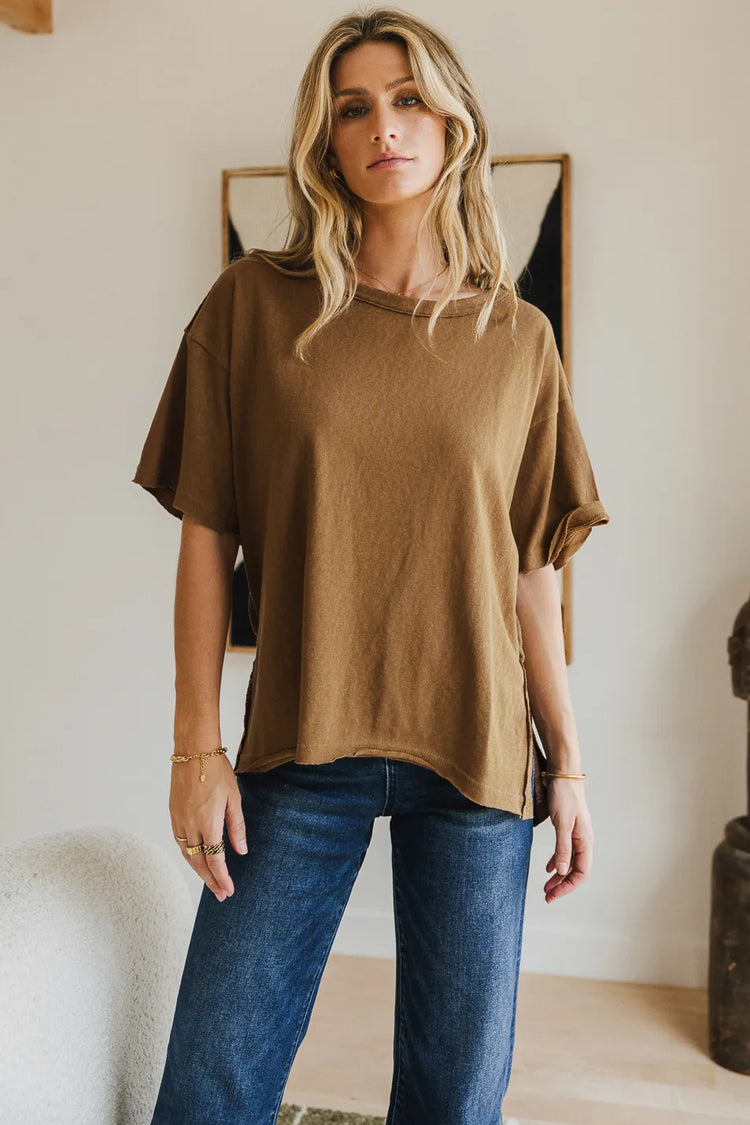 Round neck top in camel 