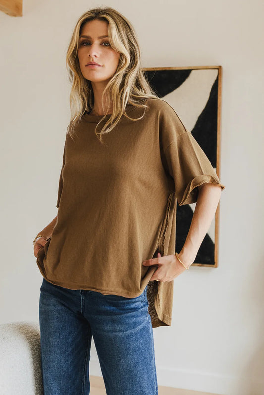 Rolled up sleeves oversized top in camel 