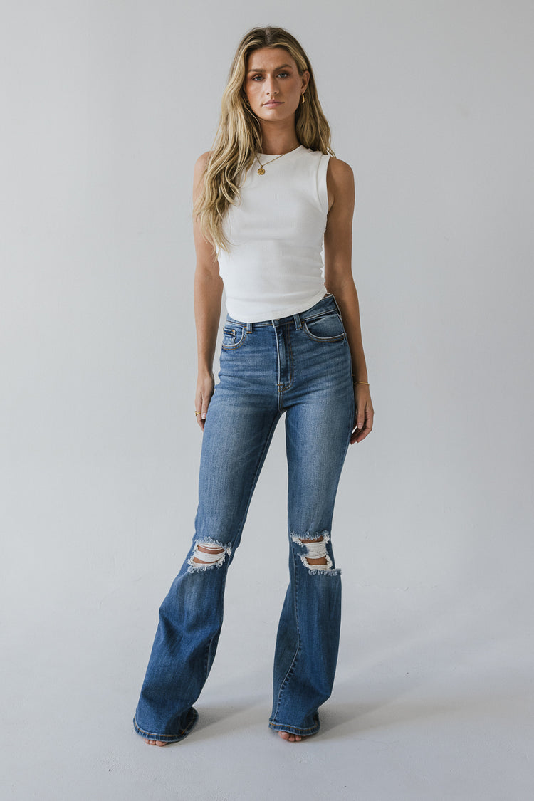 wide leg flare denim with distressing