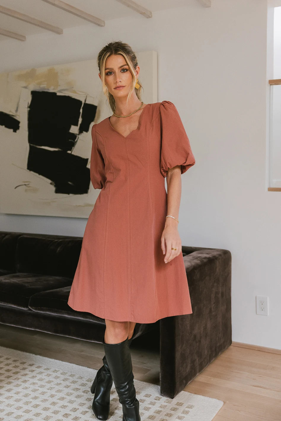 Kaylie Puff Sleeve Dress in Clay