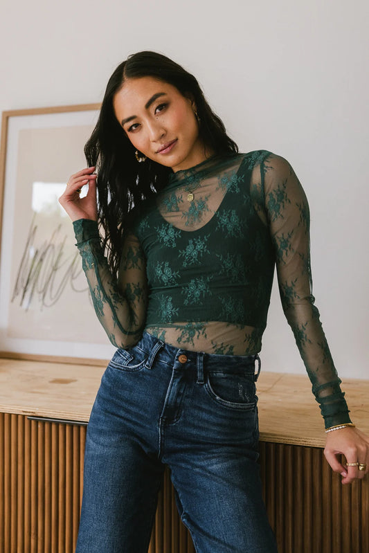 Mock neck lace top in teal 