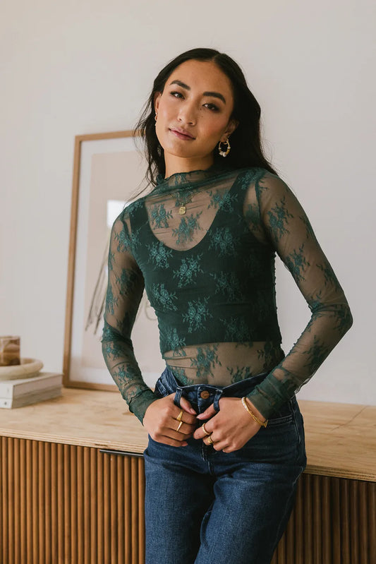 Long sleeves lace top in teal 