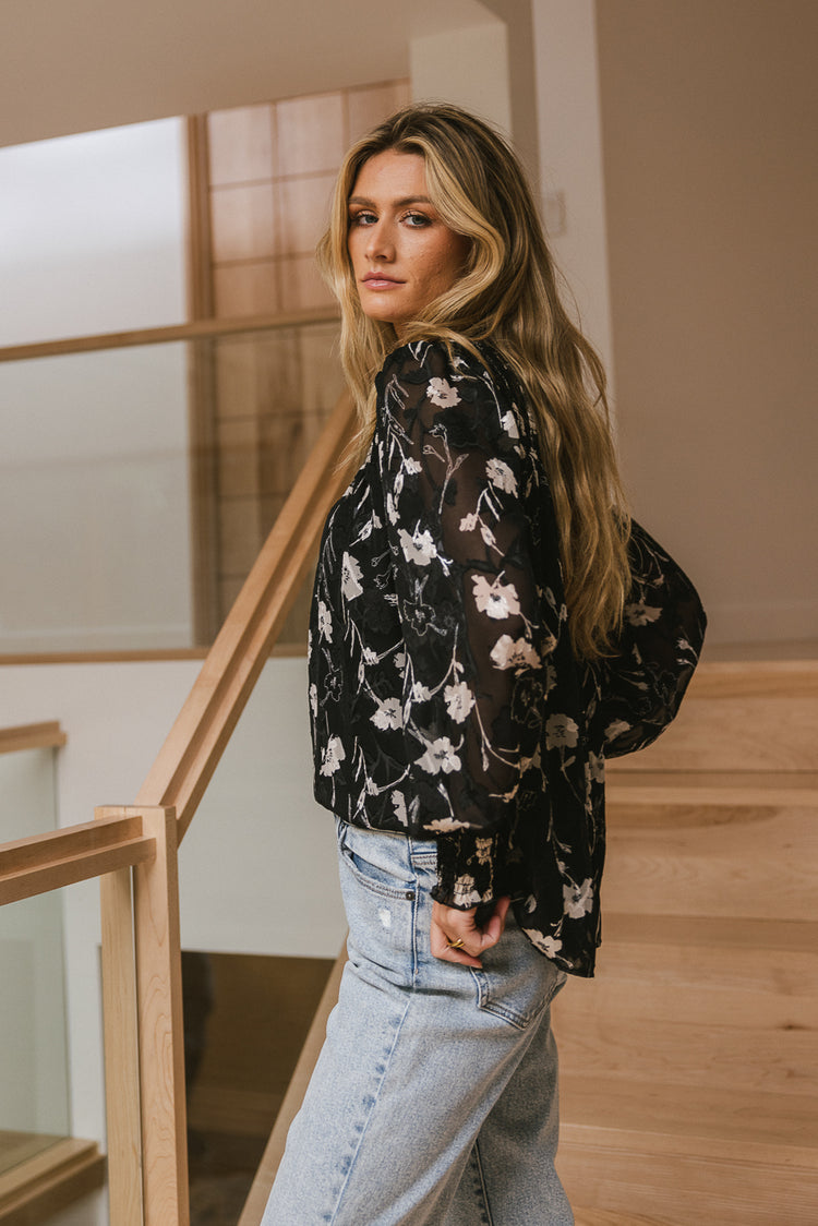 black printed blouse with long sleeves