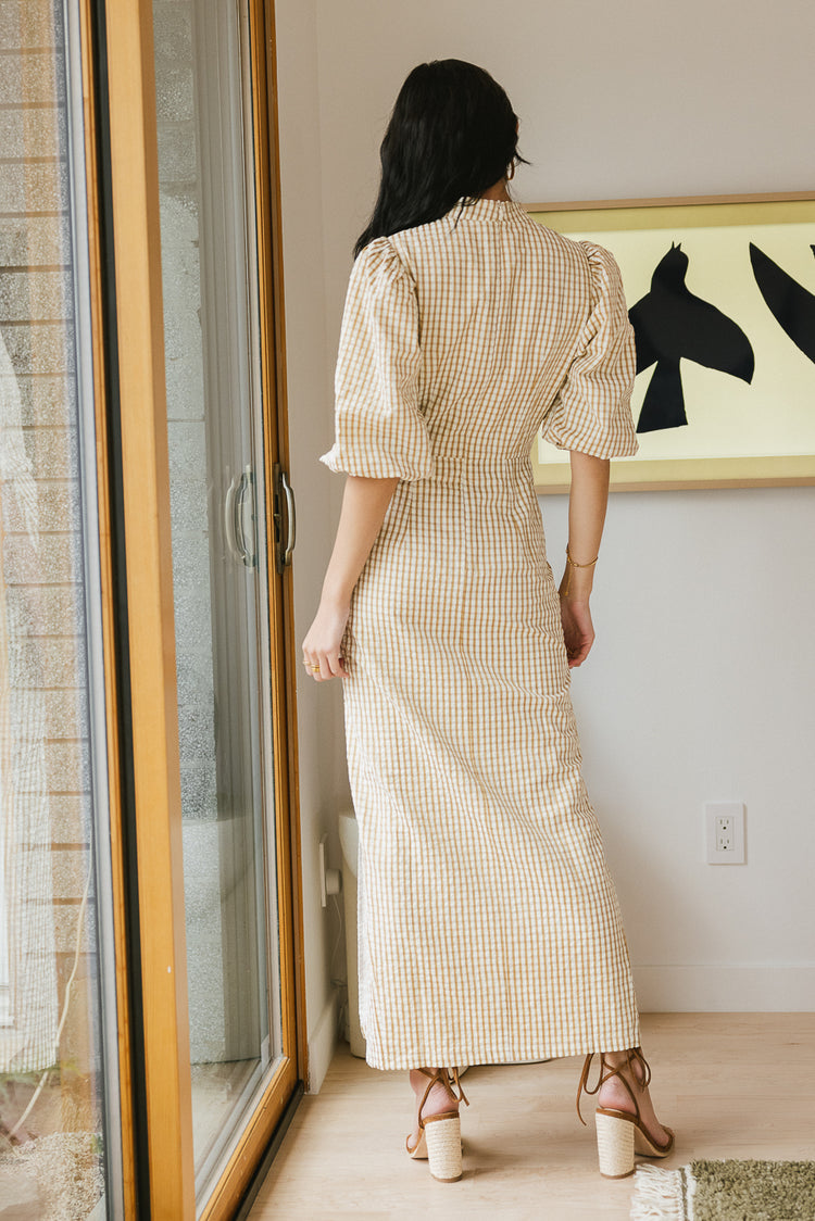 gingham maxi dress in taupe