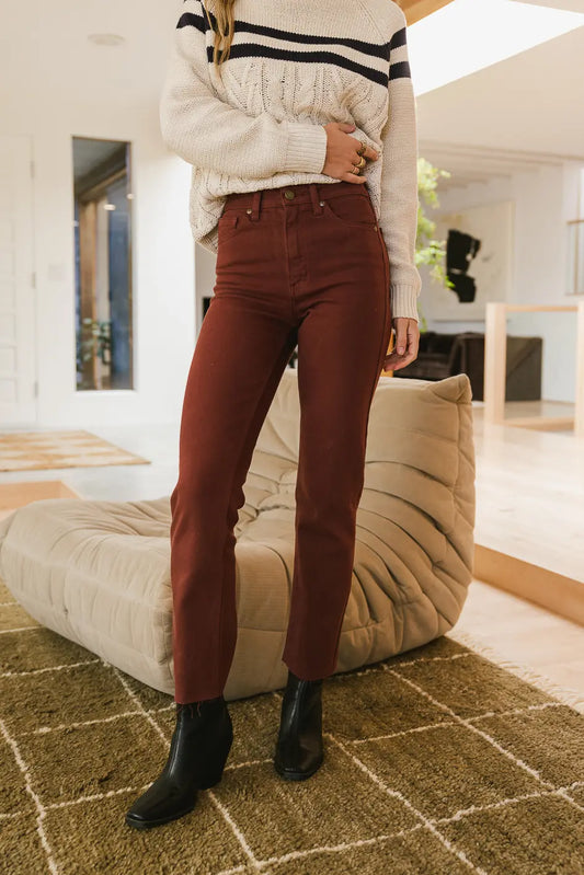 High rise straight leg jeans in burgundy 