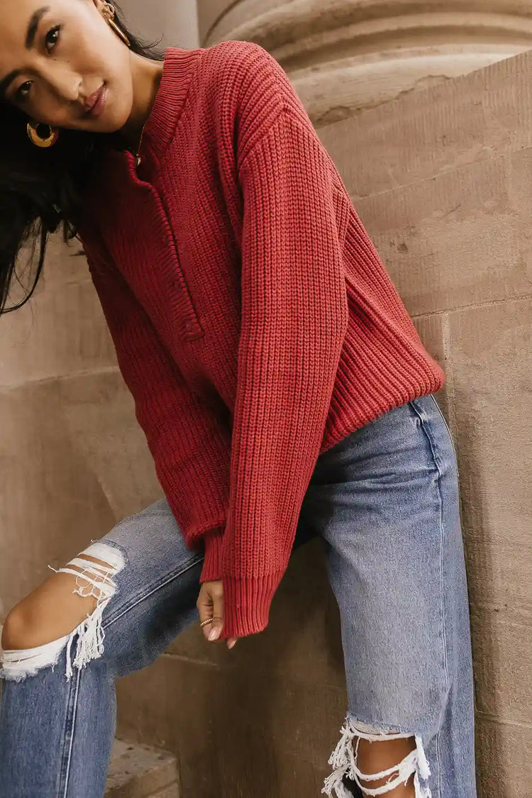 half button sweater in red
