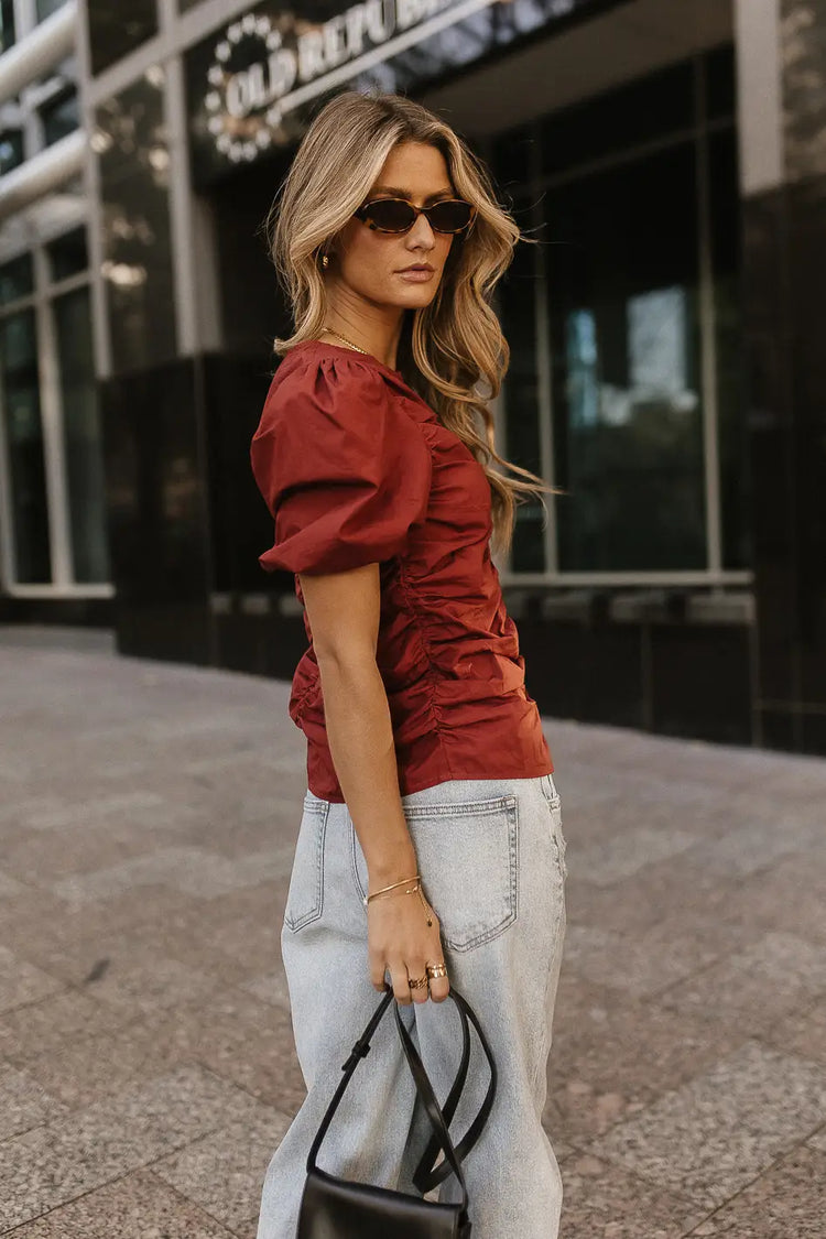 puffy ruched top in rust