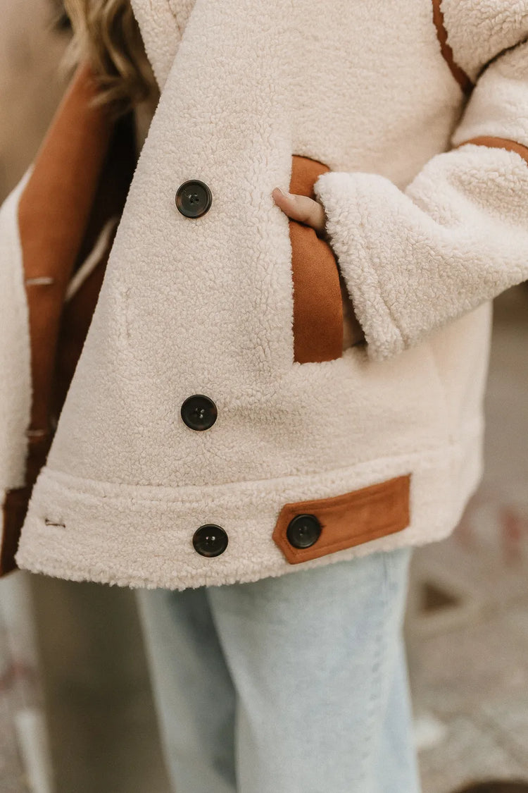Buttons details Sherpa jacket in cream 