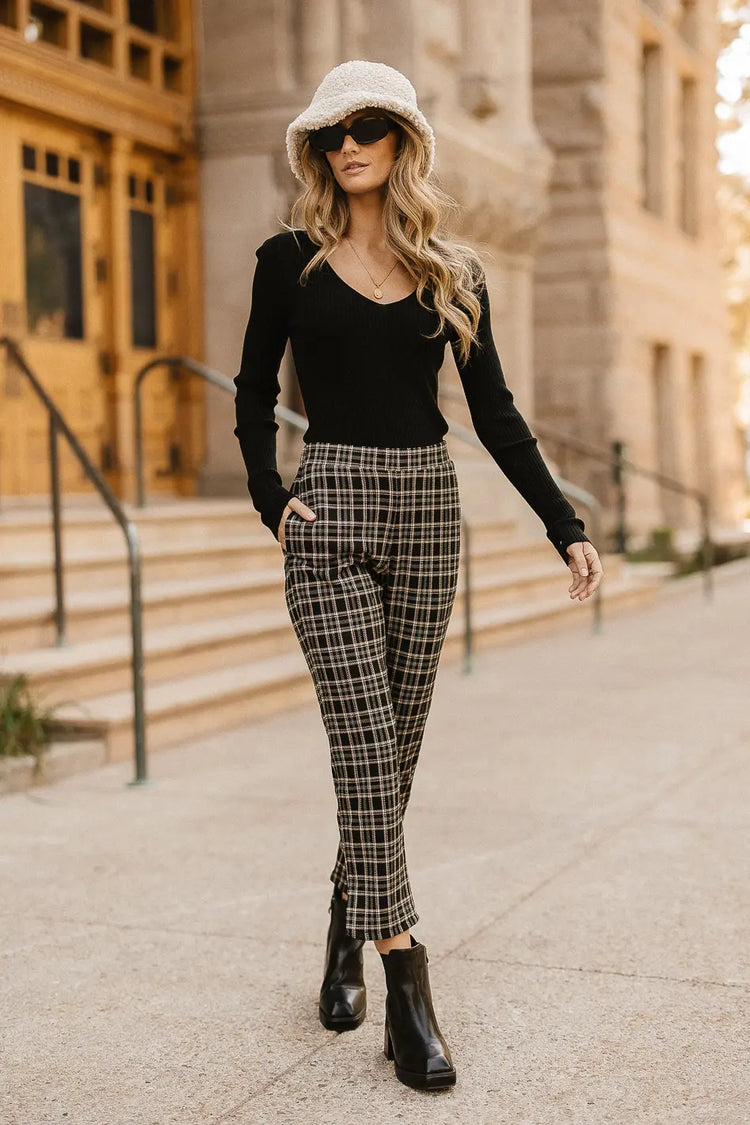 Georgie Plaid Pants Black High Rise bohme