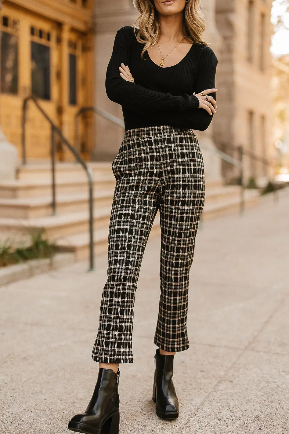 Georgie Plaid Pants Black High Rise bohme