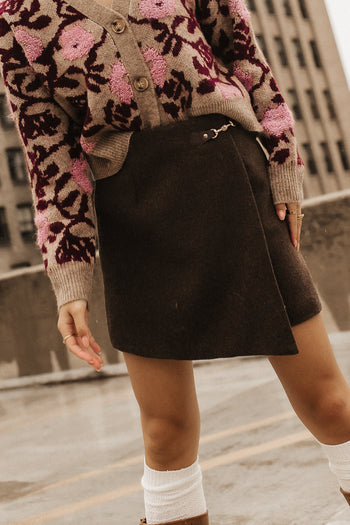 faux wrap mini skirt in brown