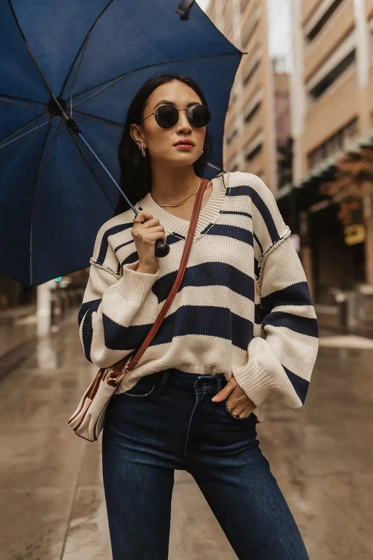 Striped top in navy paired with a dark denim 