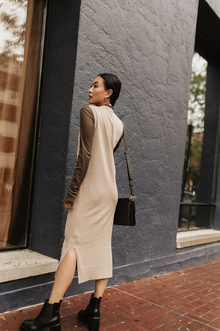 Slit on the side button up dress in beige 
