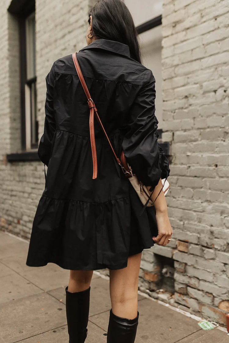 Tiered skirt button up dress in black 