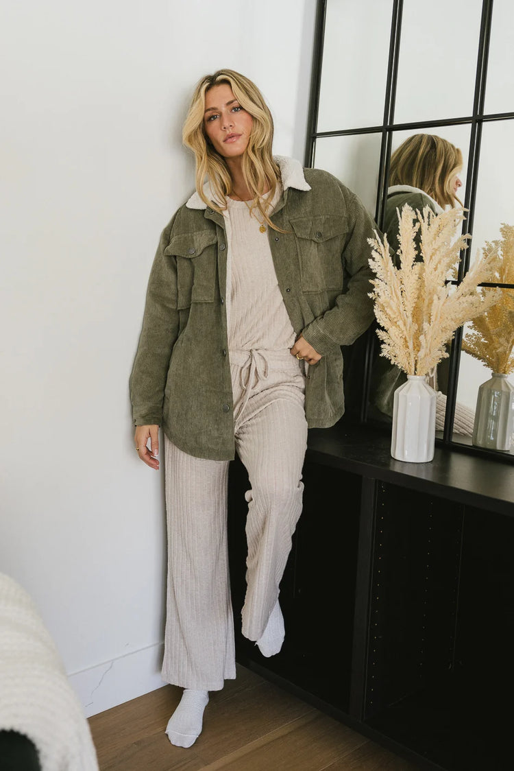 Pants in cream paired with a ribbed top in cream 