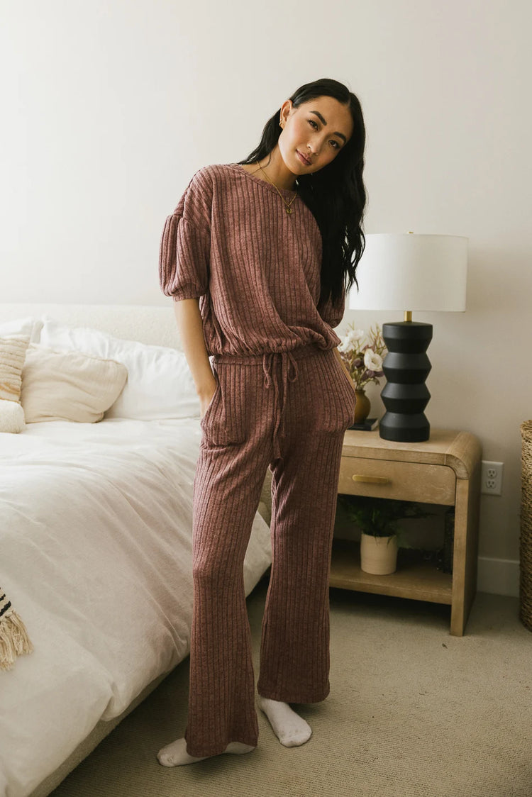 Two hand pockets ribbed pants in mauve 