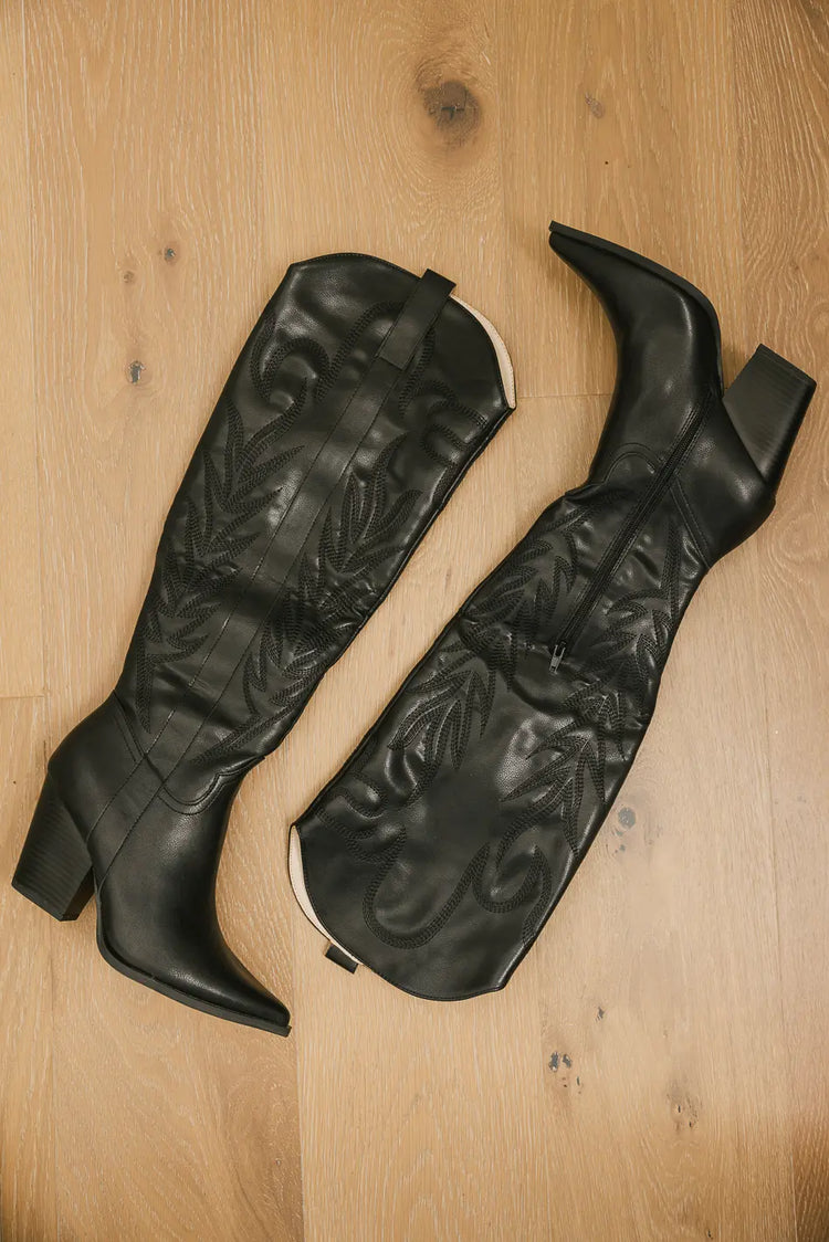 Side zipper knee high cowgirl boots in black 