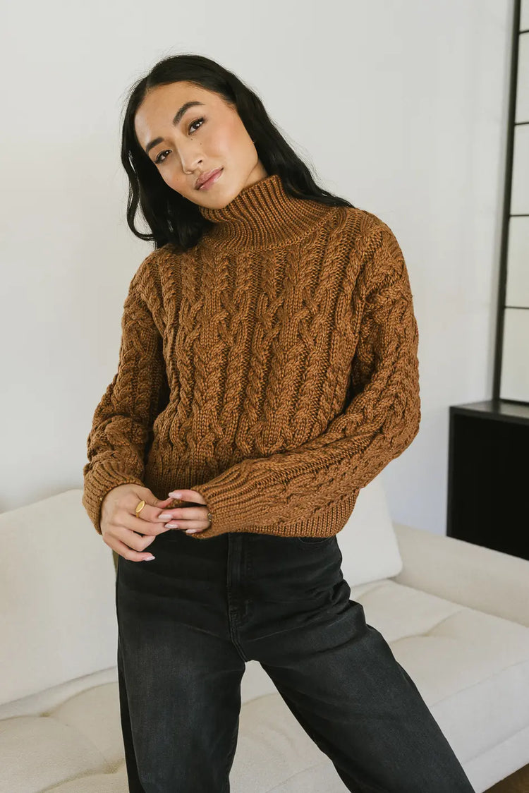Ribbed cuff sleeves sweater in brown 