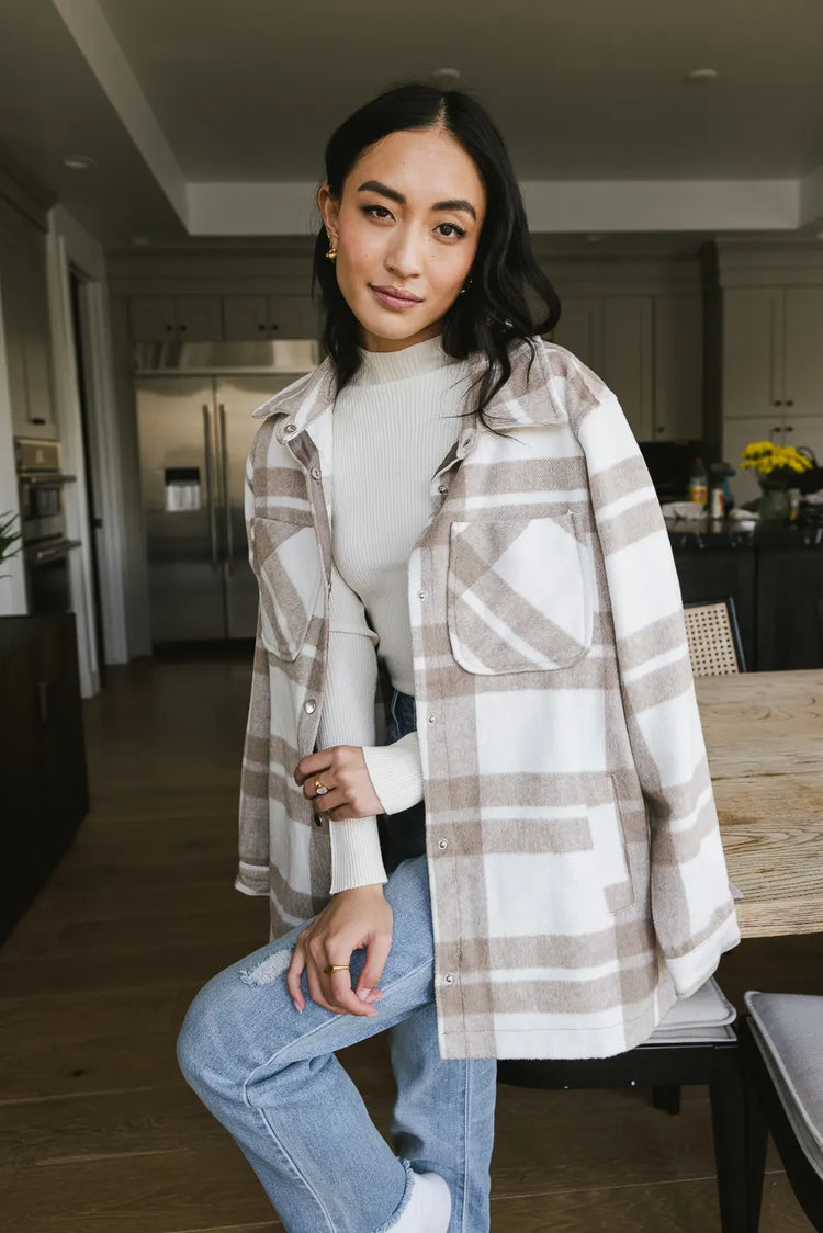 taupe and cream plaid top 