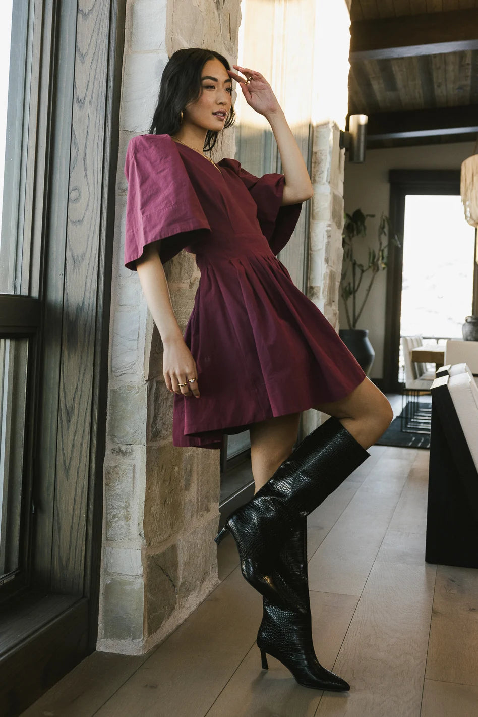 Burgundy dress with black boots on sale