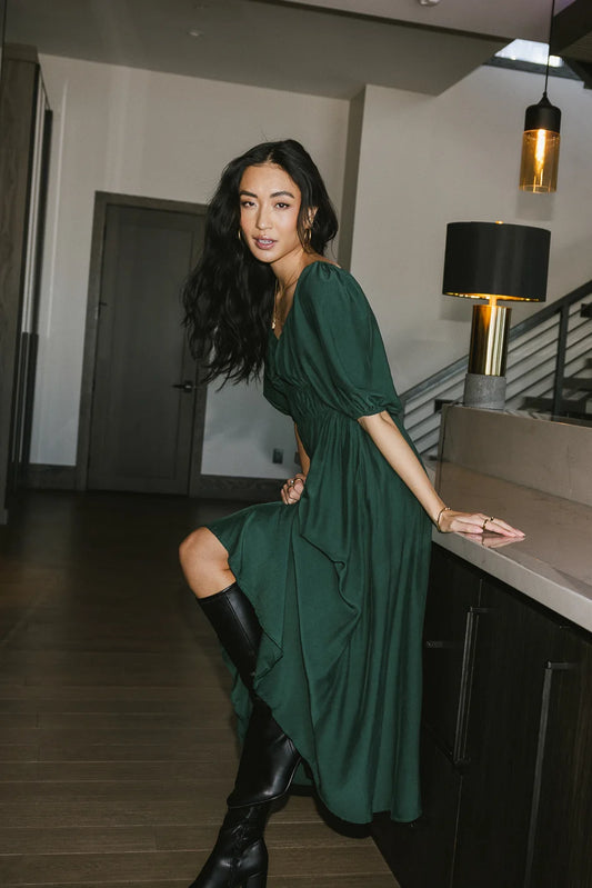 Shorts sleeves puff dress in green 