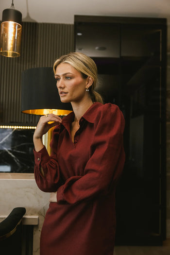 Button collared neck detailed dress in burgundy 