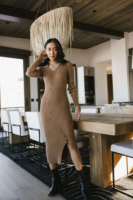 Knit ribbed dress in camel