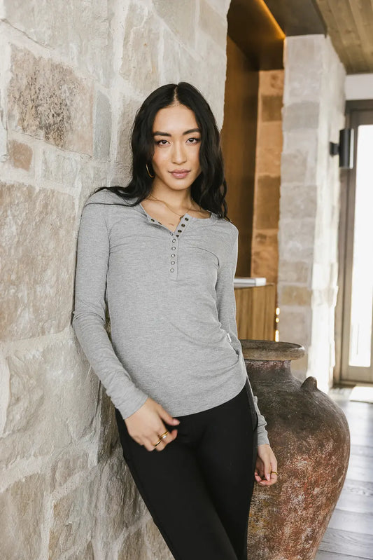 Round neck front detailed buttons top in grey 