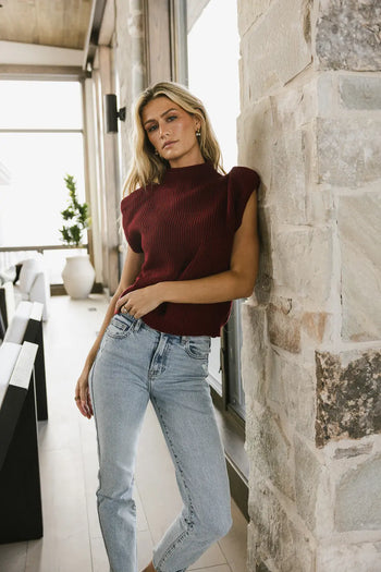 Mock neck shoulder pad sweater in burgundy 