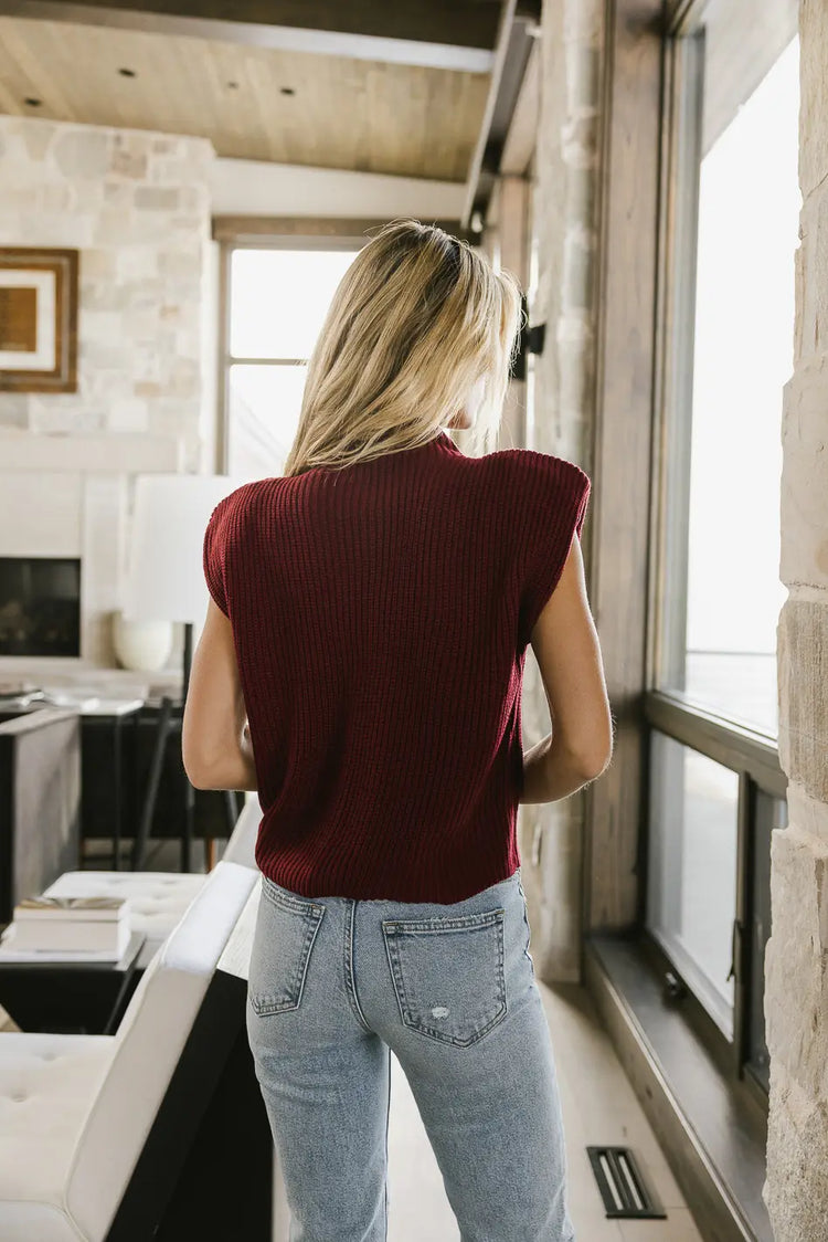 Knit shoulder pad sweater in burgundy 