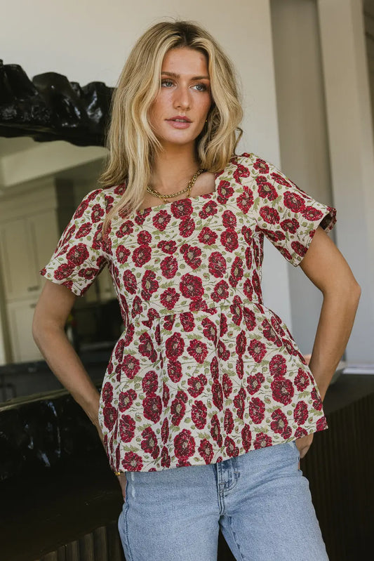 Round neck floral blouse in multi colors 
