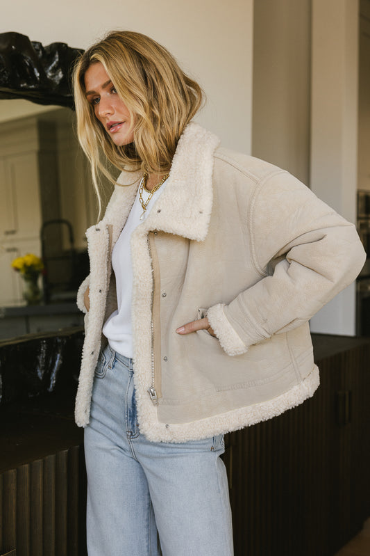 Vegan Sherpa jacket paired with ight jeans