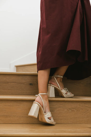 Cross adjustable straps platform heels in gold 