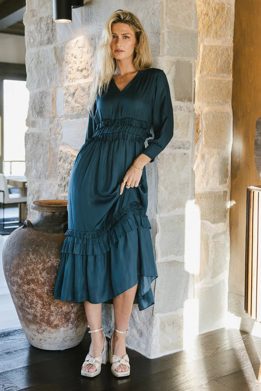 V-Neck ruffle sleeves dress in teal 