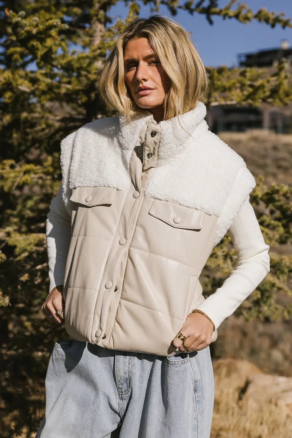 Half teddy bear vegan leather vest in cream 