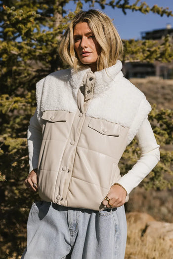 Half teddy bear vegan leather vest in cream 