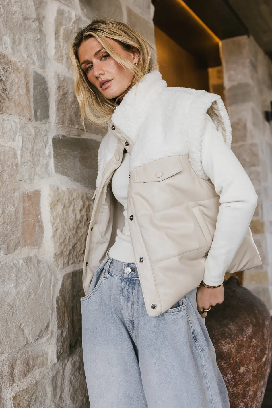 Two hand pocket vegan vest in cream 