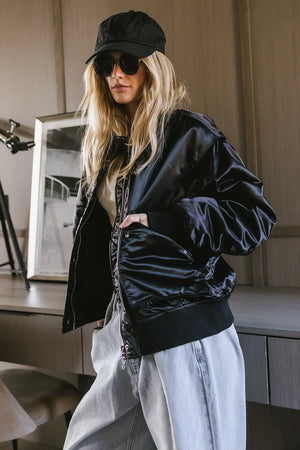 Rylee Satin Bomber Jacket in Black