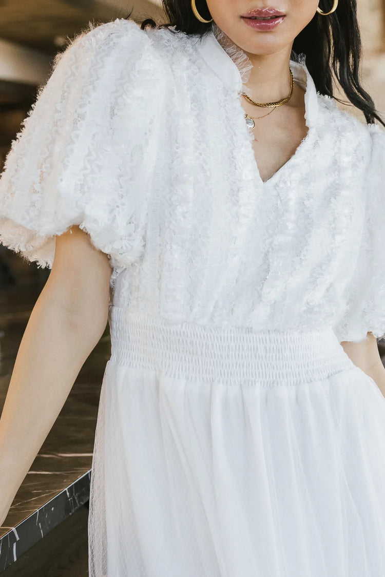short sleeve mesh midi dress in white