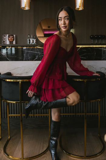 red shimmery long sleeve dress
