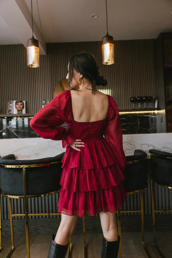 low square back on red mini dress