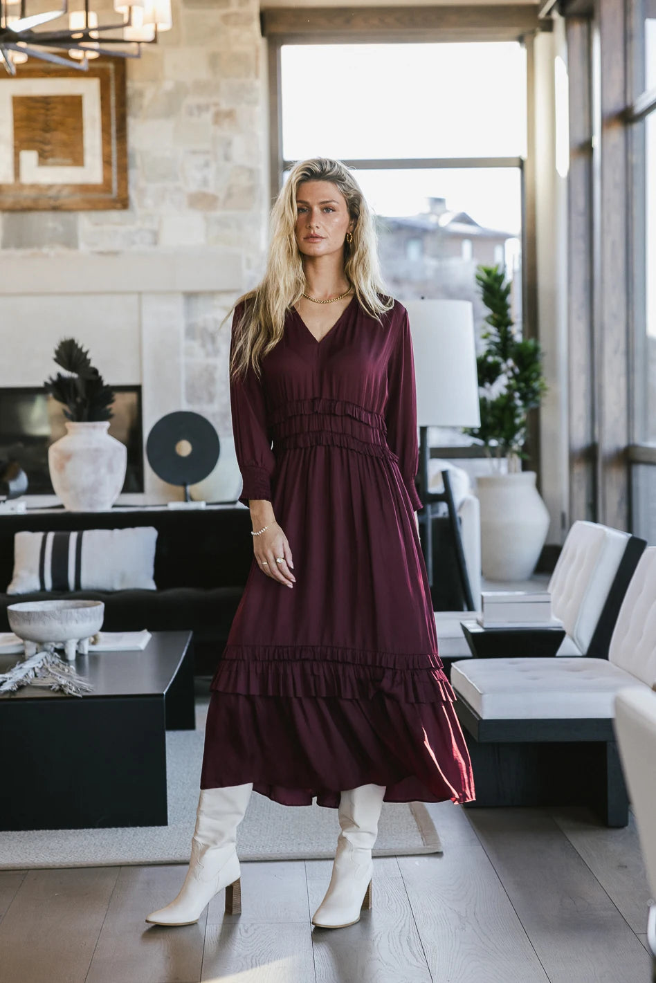 Burgundy midi 2025 bridesmaid dress